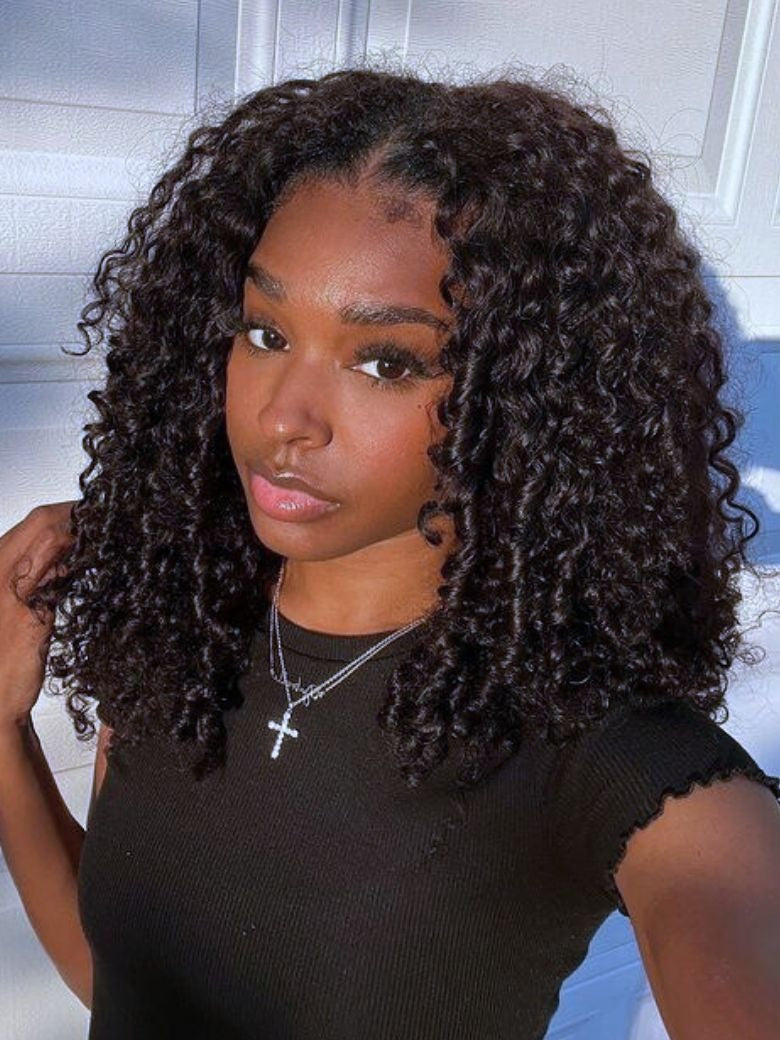 7x5/9x6 Drawstring Curly Hair with Finger Coily Ends Skin Melt Lace Pre-Cut Closure Wig