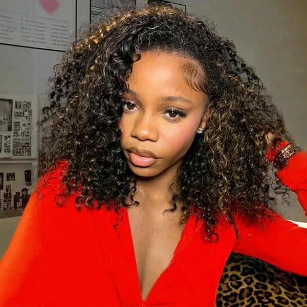 3 in 1 Curly Half Wig with Drawstring Highlight Glueless Human Hair Wig