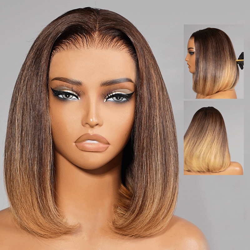13x6 Skin Melt Lace Fitted Cap Human Hair 250% Ombre Highlight Bob Wig