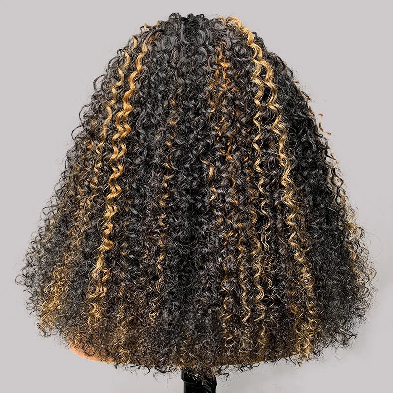 3 in 1 Curly Half Wig with Drawstring Highlight Glueless Human Hair Wig