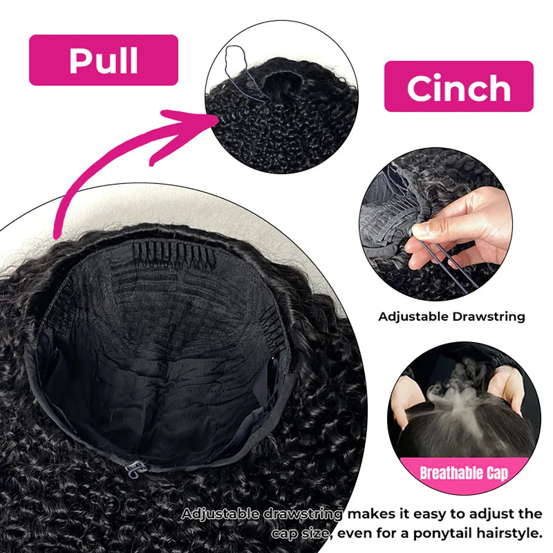 3 in 1 Half Wig with Drawstring Kinky Curly with Curly Edge Glueless Human Hair Wig