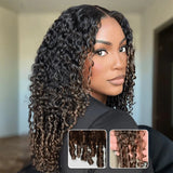 370 Fitted Cap Invisible Strap Skin Melt Lace Frontal Wig Highlight Curly with Coily Ends