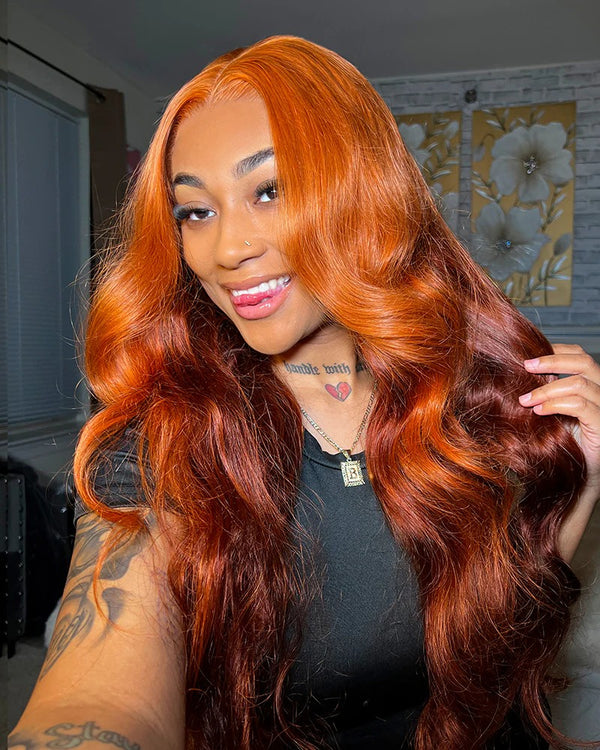 4X4/13x4 Transparent Lace Wig 250% Body Wave Human Hair Wig Ombre Ginger