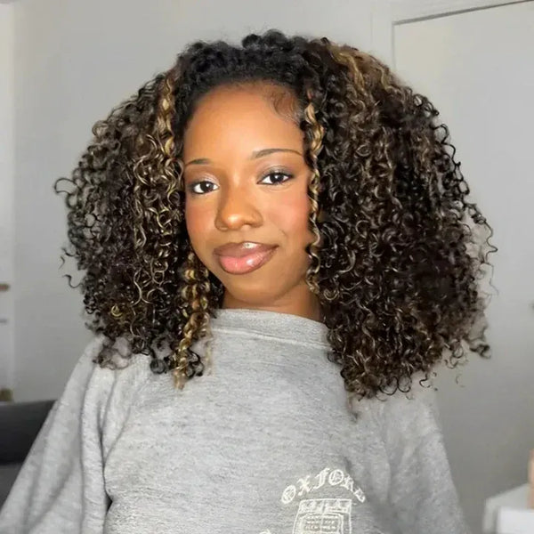 3 in 1 Curly Half Wig with Drawstring Highlight Glueless Human Hair Wig