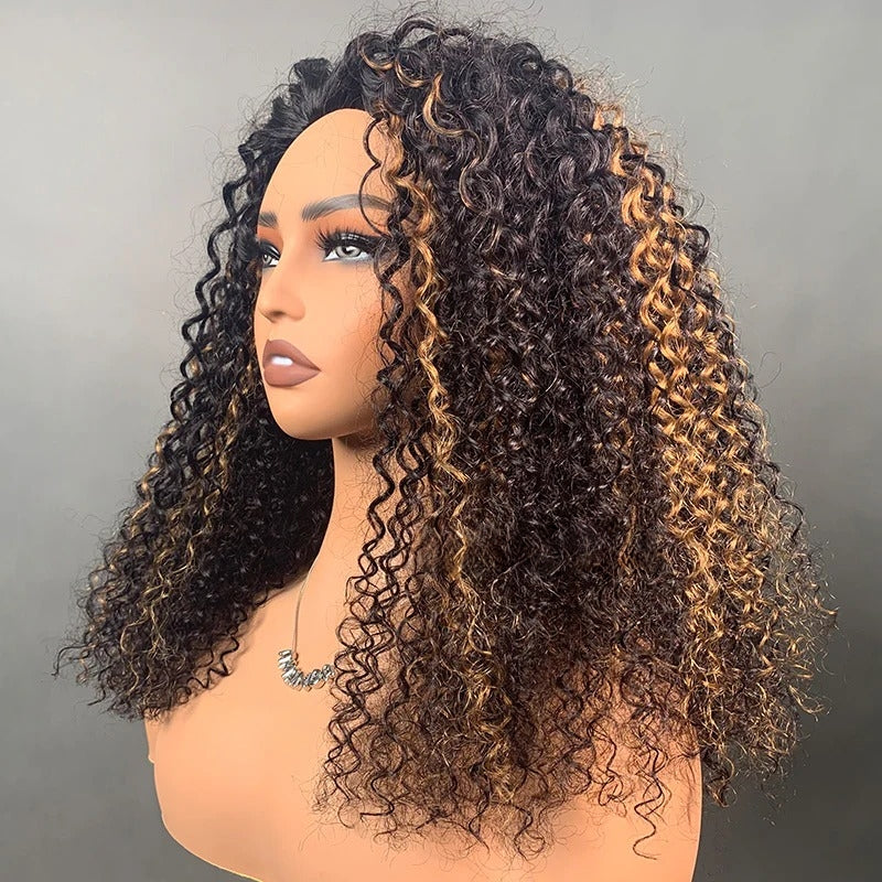 3 in 1 Curly Half Wig with Drawstring Highlight Glueless Human Hair Wig