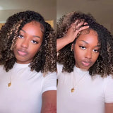 3 in 1 Curly Half Wig with Drawstring Highlight Glueless Human Hair Wig