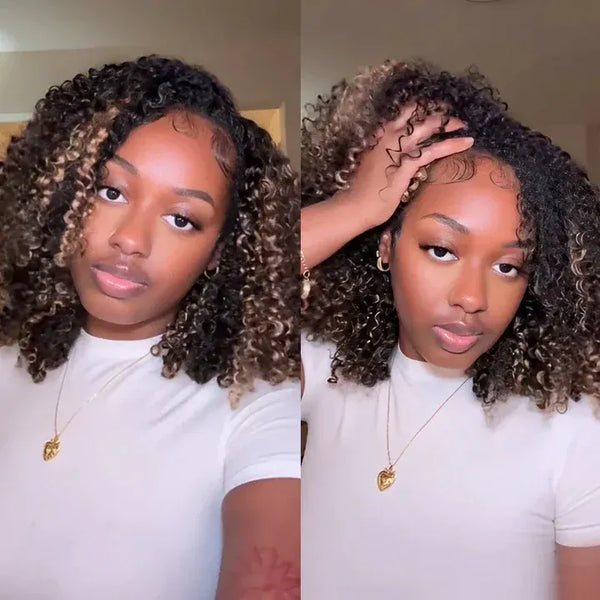 3 in 1 Curly Half Wig with Drawstring Highlight Glueless Human Hair Wig
