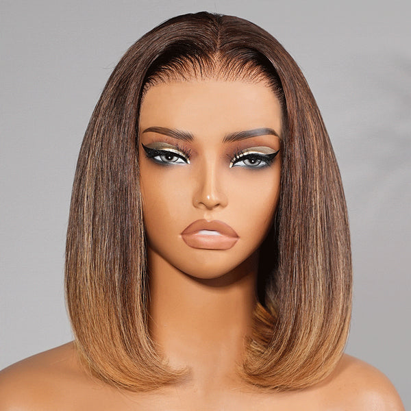 13x6 Skin Melt Lace Fitted Cap Human Hair 250% Ombre Highlight Bob Wig