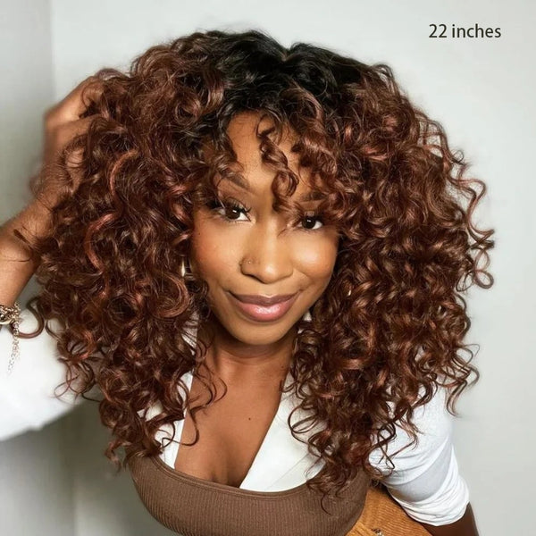 Full Machine Made Ombre Ginger Brown Human Hair Wig with Bang