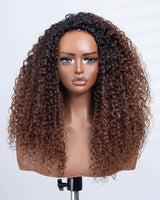3 in 1 Curly Half Wig with Drawstring Ombre Brown Curly Glueless Human Hair Wig