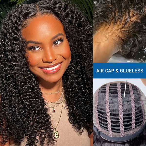 NEW Glueless Air Cap Skin Melt Swiss Lace Preplucked Human Hair Closure Wigs Kinky Curly