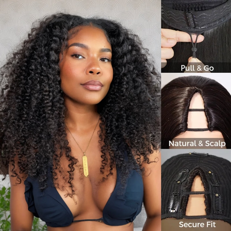 Natural Drawstring V Part Wig Glueless Human Hair Wigs Kinky Curly