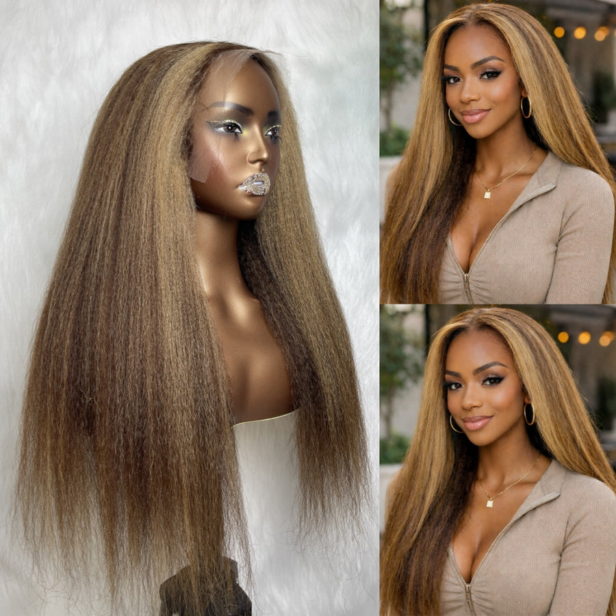 9x6/13X6 Fitted Cap Skin Melt Lace Front Ombre Highlight Human Hair Kinky Straight Wig