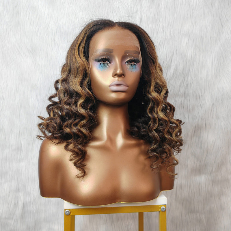 9x6/13X6 Fitted Cap Glueless Drawstring Kinky Loose Highlight Wavy Lace Wig