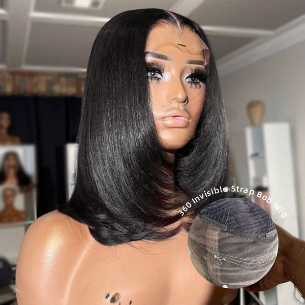 360 Lace Invisible Strap Pre-Cut 250% Density Preplucked Human Hair Layered Bob Wig