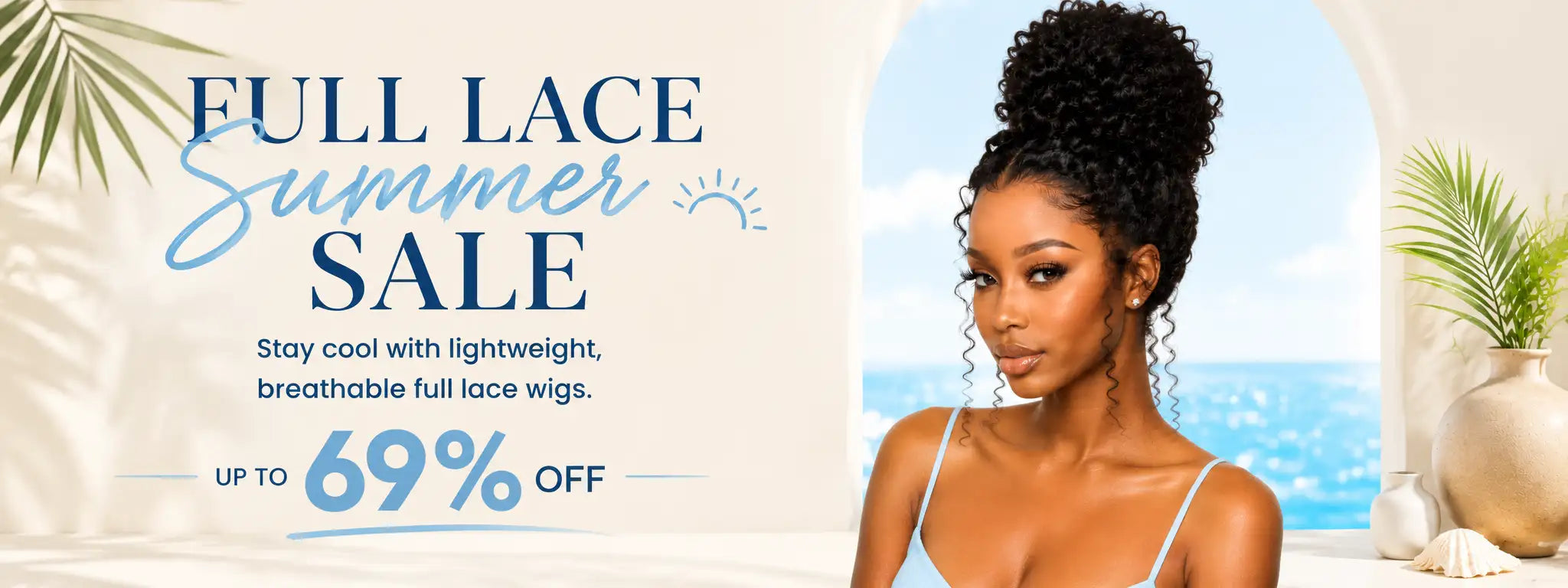 Lightweight, breathable full lace wig in a soft light blue hue.
