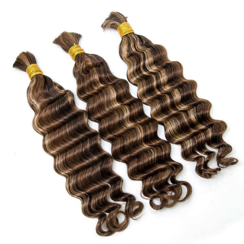 Mix Color #4/#27/#30 Bulk Hair Human Hair Extension For Boho Knotless Braiding Deep Wave