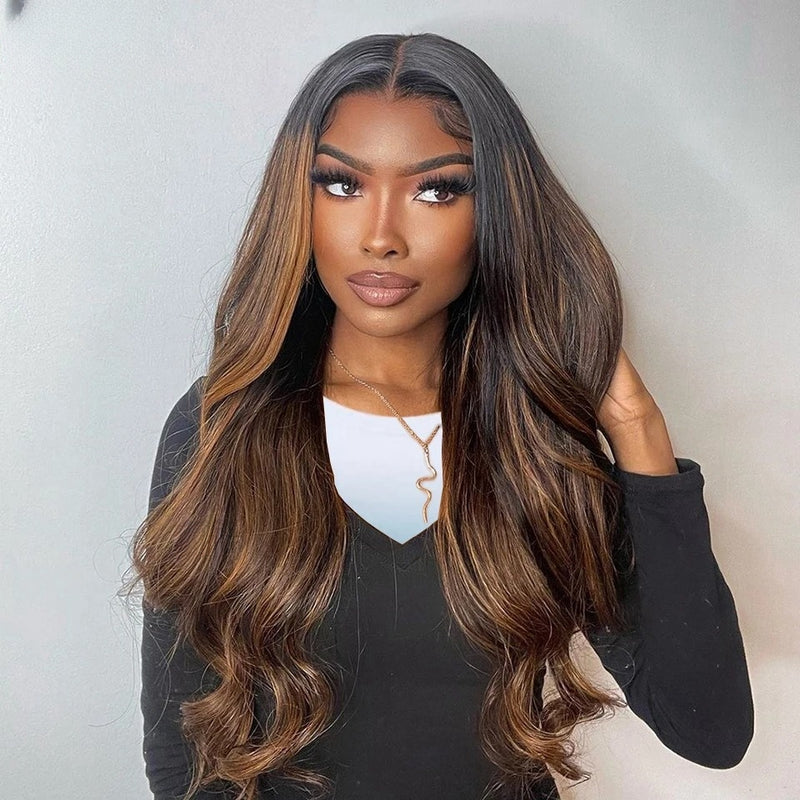 Ciani | Ombre Honey Brown Highlight Preplucked Human Hair Lace Front Wig