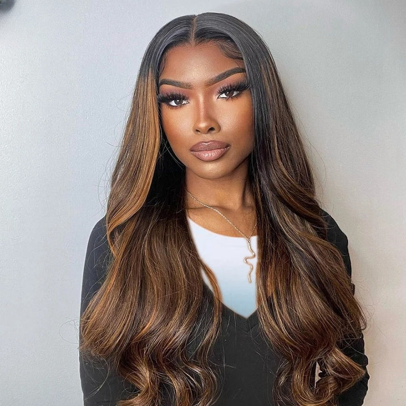 Ciani | Ombre Honey Brown Highlight Preplucked Human Hair Lace Front Wig