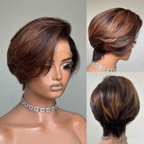 Honey Brown Highlight Side Part Pixie Cut Preplucked Human Hair Lace Wig