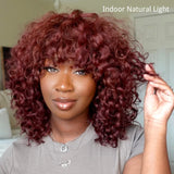 Full Machine Made Auburn Reddish Brown Curly Human Hair Wig with Bang