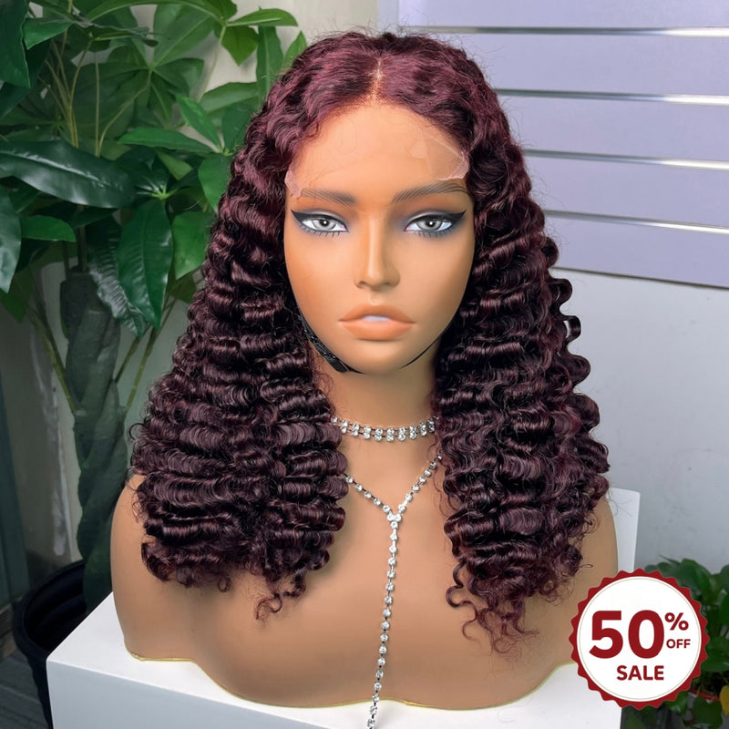 {50% Off} 13x4 Lace Front Wig  99J Burgundy Burmese Curls Human Hair Frontal Wigs