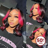 {50% Off US ONLY} Rose Pink Highlights Human Hair Wavy Bob Lace Front Wig