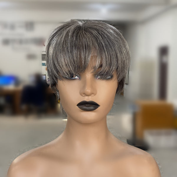 Salt and Pepper Human Hair Lace Grey Hair Pixie Cut Frontal Wig