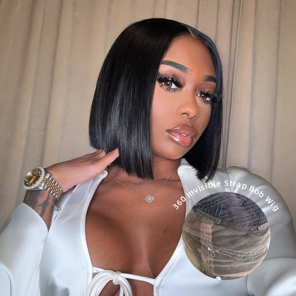 360 Lace Invisible Strap Pre-Cut 250% Density Preplucked Human Hair Bob Wig Silky Straight