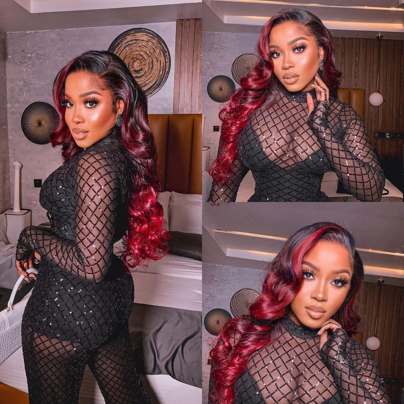 Evelyn 13x4/13x6 Ombre Red Highlights Pre-Plucked Human Hair Lace Frontal Wig