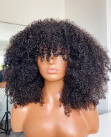 Full Machine Made Afro Kinky Curly Human Hair Wig with Bang