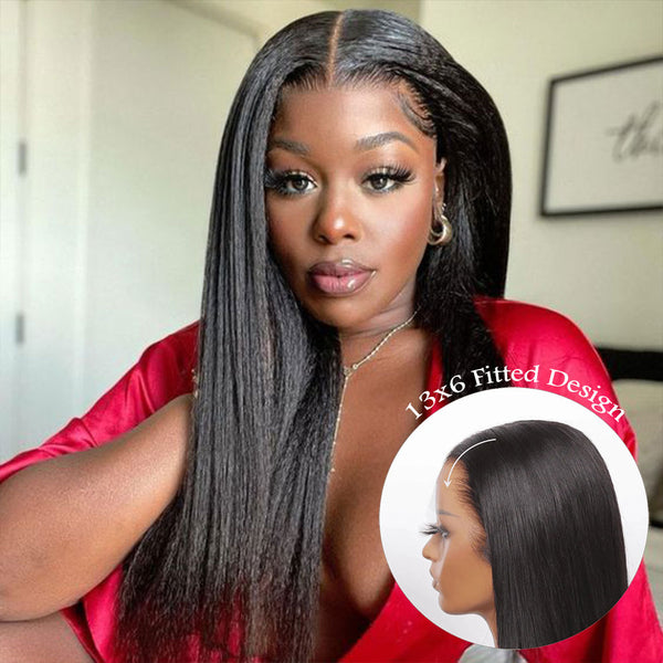 Upgraded Knot-Free 13x6 Fitted Cap Glueless Skin Melt Lace Front Wig Yaki Straight