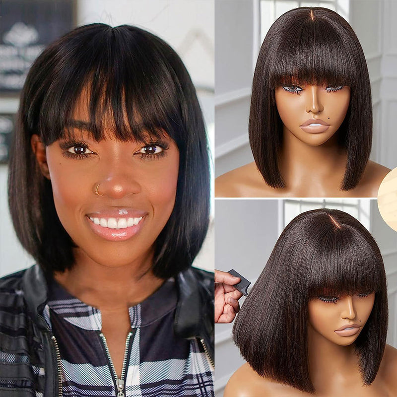 Glueless Air Cap Skin Melt Swiss Lace Preplucked Human Hair Closure Bob Wigs with Bang