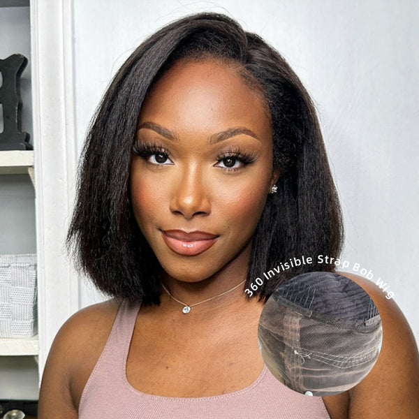 360 Lace Invisible Strap Pre-Cut 250% Density Preplucked Human Hair Bob Wig Yaki Straight