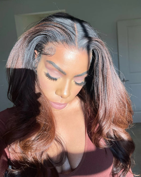 9x6/13x6 Ombre Brown Layered Light Yaki Skin Melt Lace Human Hair Lace Wavy Wig