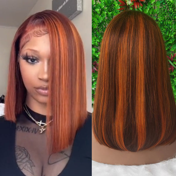 Isis | Ginger Highlight Colored Preplucked Human Hair Bob Lace Front Wig