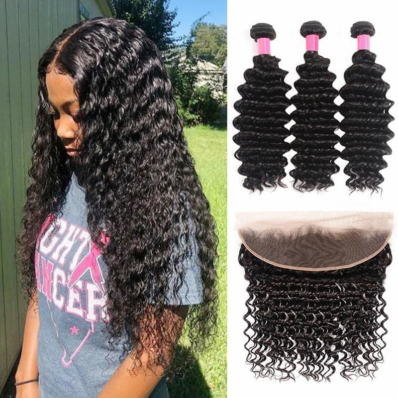 13*4 Frontal and 3 Bundles Deep Wave Swiss Lace Virgin Human Hair