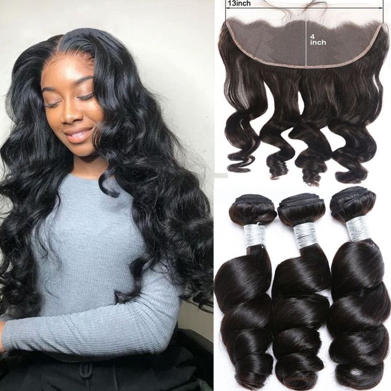 13*4 Frontal and 3 Bundles Loose Wave Swiss Lace Virgin Human Hair