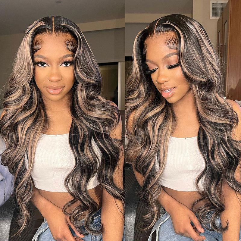 13x6 Skin Melt Lace Balayage Highlights Body Wave Frontal Wig with Delicate Hairline