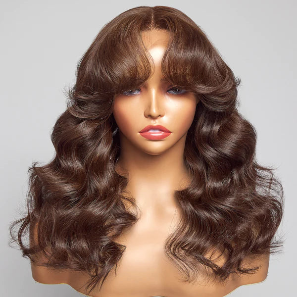 13x6 Skin Melt Lace Front Delicate Hairline Wavy Brown Wig with Bang