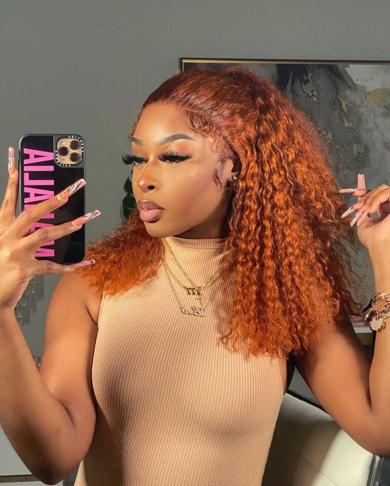 Ginger Orange Human Hair Lace Wig Colored Curly BOB  Wigs