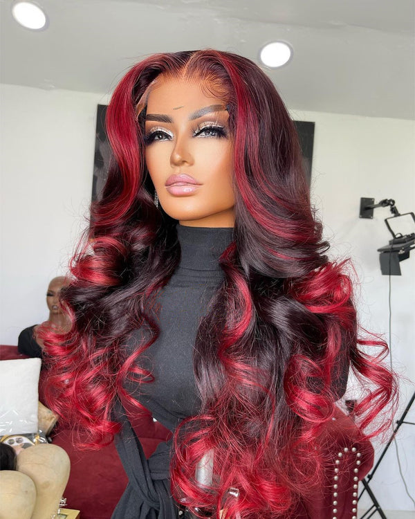 Evelyn Ombre Red Highlights Pre-Plucked Human Hair Lace Front Wig