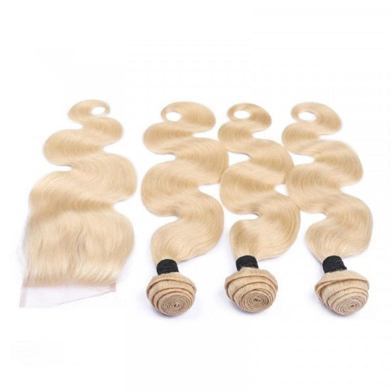 3 Bundles #613 Blonde Body Wave Hair Weave With Pre-Plucked Natural Hairline Lace Closure