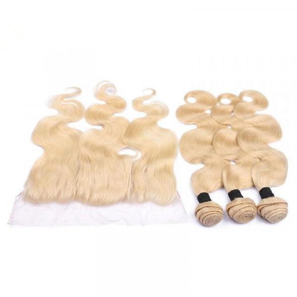 3 Bundles Body Wave #613 Blonde Hair Weave With Pre-Plucked Natural Hairline Lace Frontal
