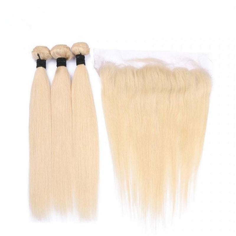 3 Bundles Straight #613 Blonde Hair Weave With Pre-Plucked Natural Hairline Lace Frontal