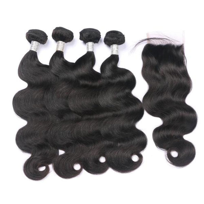 4 Bundles Body Wave Hair Weave With Pre-Plucked Natural Hairline Lace Closure