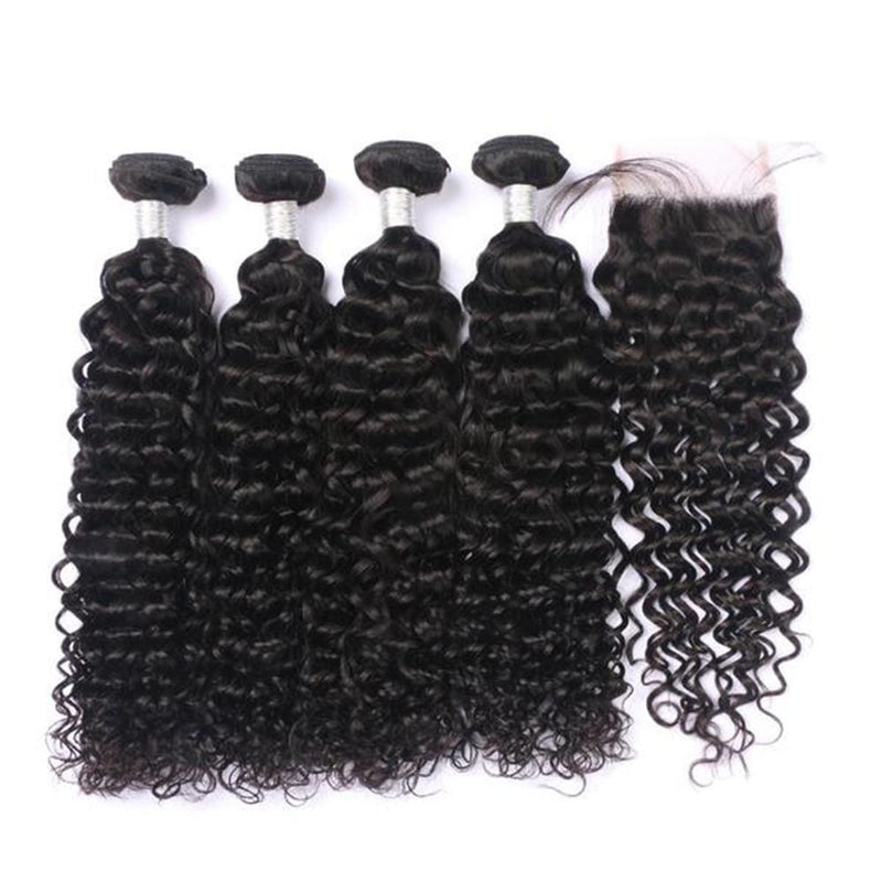 4 Bundles Deep Curly Hair Weave With Pre-Plucked Natural Hairline Lace Closure