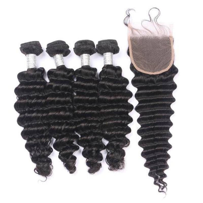 4 Bundles Deep wave Hair Weave With Pre-Plucked Natural Hairline Lace Closure