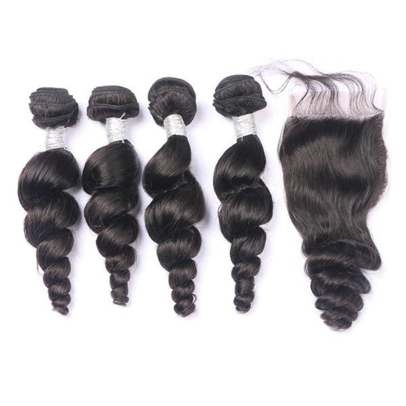 4 Bundles Loose wave Hair Weave With Pre-Plucked Natural Hairline Lace Closure