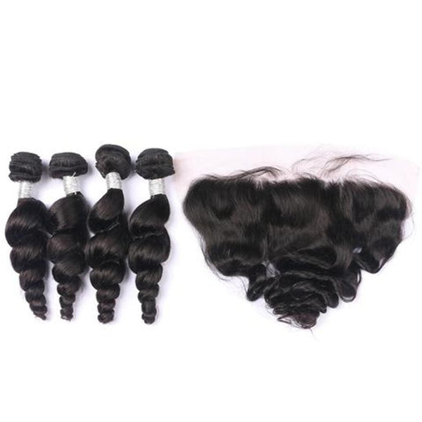 4 Bundles Loose wave Hair Weave With Pre-Plucked Natural Hairline Lace Frontal